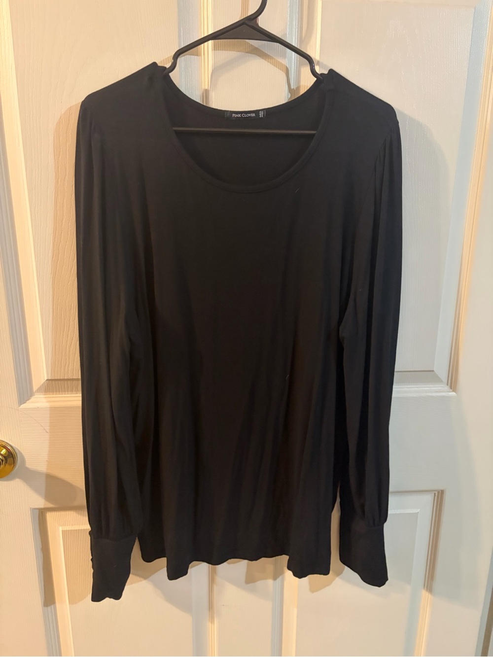 Pink Clover Black Long Sleeve Blouse Button Cuff Scoop Neck
